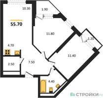 Планировка двухкомнатной(квартира) площадью 55.7 квадратных метров в “ЖК Sky Sputnik (Скай Спутник)”