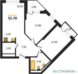 Планировка двухкомнатной(квартира) площадью 55.7 квадратных метров в ЖК “ЖК Sky Sputnik (Скай Спутник)”