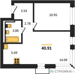 Планировка однокомнатной(квартира) площадью 40.91 квадратных метров в ЖК “ЖК Новое Видное”