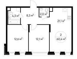 Планировка двухкомнатной(квартира) площадью 60.4 квадратных метров в “ЖК Переделкино Ближнее”