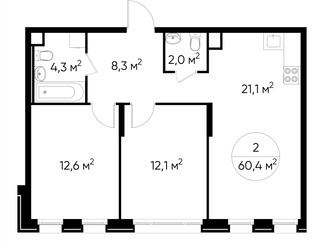 Планировка двухкомнатной(квартира) площадью 60.4 квадратных метров в ЖК “ЖК Переделкино Ближнее”
