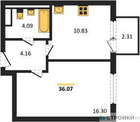 Планировка однокомнатной(квартира) площадью 36.07 квадратных метров в ЖК “ЖК Мытищи Парк”