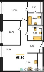 Планировка двухкомнатной(квартира) площадью 63.8 квадратных метров в ЖК “ЖК INJOY (Инджой)”