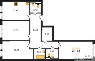 Планировка трехкомнатной(квартира) площадью 78.33 квадратных метров в “ЖК Остафьево”