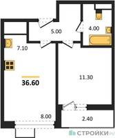 Планировка однокомнатной(квартира) площадью 36.6 квадратных метров в “ЖК Родные кварталы”