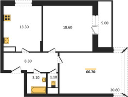 Планировка двухкомнатной(квартира) площадью 66.7 квадратных метров в “ЖК Эдельвейс (Первомайское)”