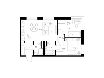 Планировка двухкомнатной(квартира) площадью 52.3 квадратных метров в ЖК “ЖК Москворечье”
