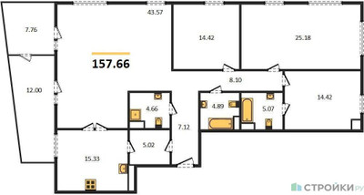 Планировка 4+ комнатной(квартира) площадью 157.66 квадратных метров в ЖК “Квартал Foriver”