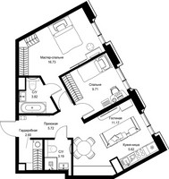 Планировка двухкомнатной(квартира) площадью 58.56 квадратных метров в “Дом премиум-класса МИРА”