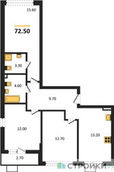 Планировка трехкомнатной(квартира) площадью 72.5 квадратных метров в ЖК “ЖК Деснаречье”