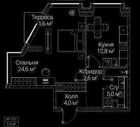 Планировка однокомнатной(квартира) площадью 51.6 квадратных метров в ЖК “ЖК СЕЗАР БУДУЩЕЕ”