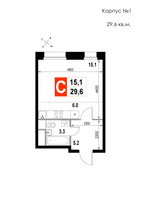 Планировка однокомнатной(квартира) площадью 29.6 квадратных метров в “ЖК Мытищи Сити”