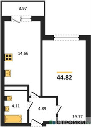 Планировка однокомнатной(квартира) площадью 44.82 квадратных метров в “ЖК Домодедово Парк”