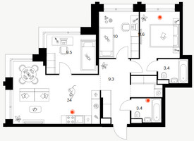 Планировка трехкомнатной(квартира) площадью 74.4 квадратных метров в “ЖК Строгино 360”
