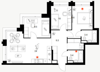 Планировка трехкомнатной(квартира) площадью 74.4 квадратных метров в ЖК “ЖК Строгино 360”