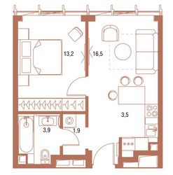 Планировка однокомнатной(квартира) площадью 39 квадратных метров в ЖК “ЖК Symphony 34 (Симфония 34)”