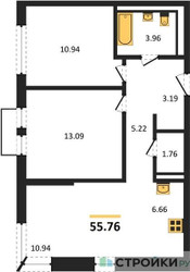 Планировка двухкомнатной(квартира) площадью 55.76 квадратных метров в “ЖК Пригород Лесное”