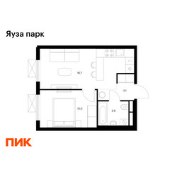 Планировка однокомнатной(квартира) площадью 33.7 квадратных метров в ЖК “ЖК Яуза Парк (Мытищи)”
