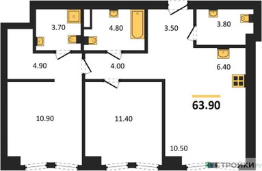 Планировка двухкомнатной(квартира) площадью 63.9 квадратных метров в ЖК “ЖК Мангазея на Тульской”