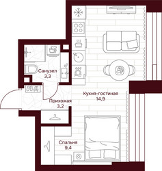Планировка однокомнатной(квартира) площадью 30.8 квадратных метров в ЖК “ЖК Дом 7 Даниловский”