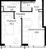 Планировка однокомнатной(квартира) площадью 46.2 квадратных метров в “ЖК Сити Бэй”