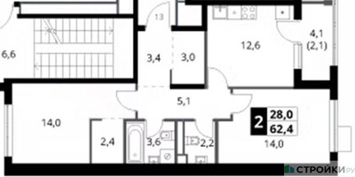 Планировка двухкомнатной(квартира) площадью 62.4 квадратных метров в ЖК “ЖК 1-й Ясеневский (Первый Ясеневский)”