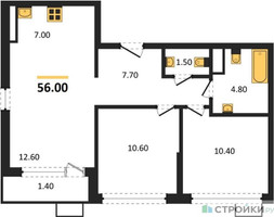 Планировка двухкомнатной(квартира) площадью 56 квадратных метров в “ЖК Южные сады”