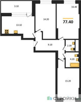 Планировка трехкомнатной(квартира) площадью 77.4 квадратных метров в “ЖК Рассказово”