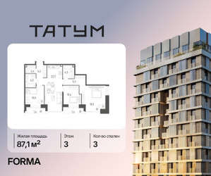 Планировка трехкомнатной(квартира) площадью 87.1 квадратных метров в ЖК “ЖК Татум”