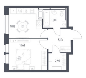 Планировка однокомнатной(квартира) площадью 40.46 квадратных метров в ЖК “ЖК Большое Путилково”