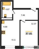 Планировка однокомнатной(квартира) площадью 37.81 квадратных метров в “ЖК ЭкоБунино (Южное Бунино)”