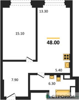 Планировка однокомнатной(квартира) площадью 48 квадратных метров в “ЖК Мираполис”