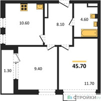 Планировка двухкомнатной(квартира) площадью 45.7 квадратных метров в “ЖК Южные сады”