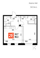 Планировка двухкомнатной(квартира) площадью 56.3 квадратных метров в “ЖК Мытищи Сити”