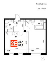 Планировка двухкомнатной(квартира) площадью 56.3 квадратных метров в ЖК “ЖК Мытищи Сити”