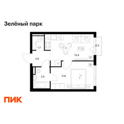 Планировка однокомнатной(квартира) площадью 33.6 квадратных метров в ЖК “ЖК Зеленый парк”