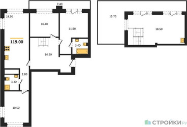 Планировка трехкомнатной(квартира) площадью 119 квадратных метров в ЖК “ЖК Квартал Метроном”