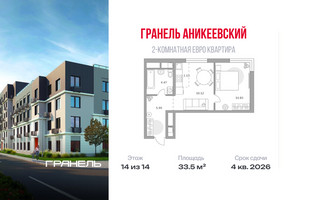 Планировка двухкомнатной(квартира) площадью 33.5 квадратных метров в “ЖК Аникеевский”