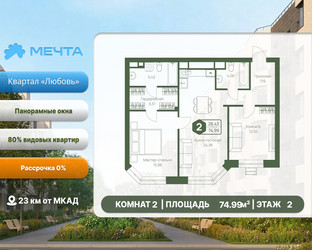 Планировка двухкомнатной(квартира) площадью 74.99 квадратных метров в ЖК “ЖК Мечта”