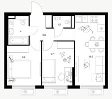 Планировка двухкомнатной(квартира) площадью 45.8 квадратных метров в “ЖК Белая Дача парк”
