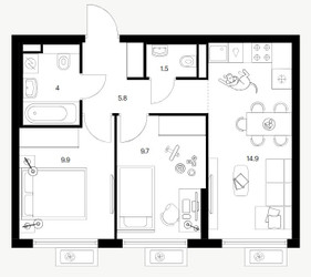 Планировка двухкомнатной(квартира) площадью 45.8 квадратных метров в ЖК “ЖК Белая Дача парк”