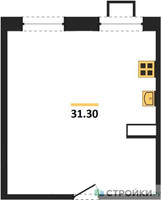 Планировка однокомнатной(апартаменты) площадью 31.3 квадратных метров в “ЖК Легендарный квартал на Ботаническом саду”