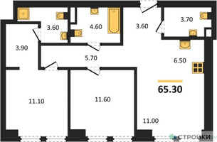 Планировка двухкомнатной(квартира) площадью 65.3 квадратных метров в “ЖК АУРА”