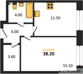 Планировка однокомнатной(квартира) площадью 38.2 квадратных метров в ЖК “ЖК Skolkovo ONE (Сколково Уан)”