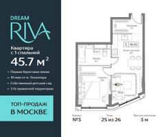 Планировка двухкомнатной(квартира) площадью 45.7 квадратных метров в “ЖК Дрим Рива”