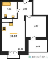 Планировка однокомнатной(квартира) площадью 38.82 квадратных метров в “ЖК ВОСТОК II”