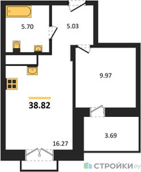 Планировка однокомнатной(квартира) площадью 38.82 квадратных метров в ЖК “ЖК ВОСТОК II”