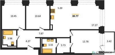 Планировка трехкомнатной(квартира) площадью 80.77 квадратных метров в ЖК “ЖК NOVA (Нова)”