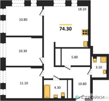 Планировка трехкомнатной(квартира) площадью 74.3 квадратных метров в “ЖК Первый Московский”