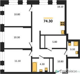 Планировка трехкомнатной(квартира) площадью 74.3 квадратных метров в ЖК “ЖК Первый Московский”